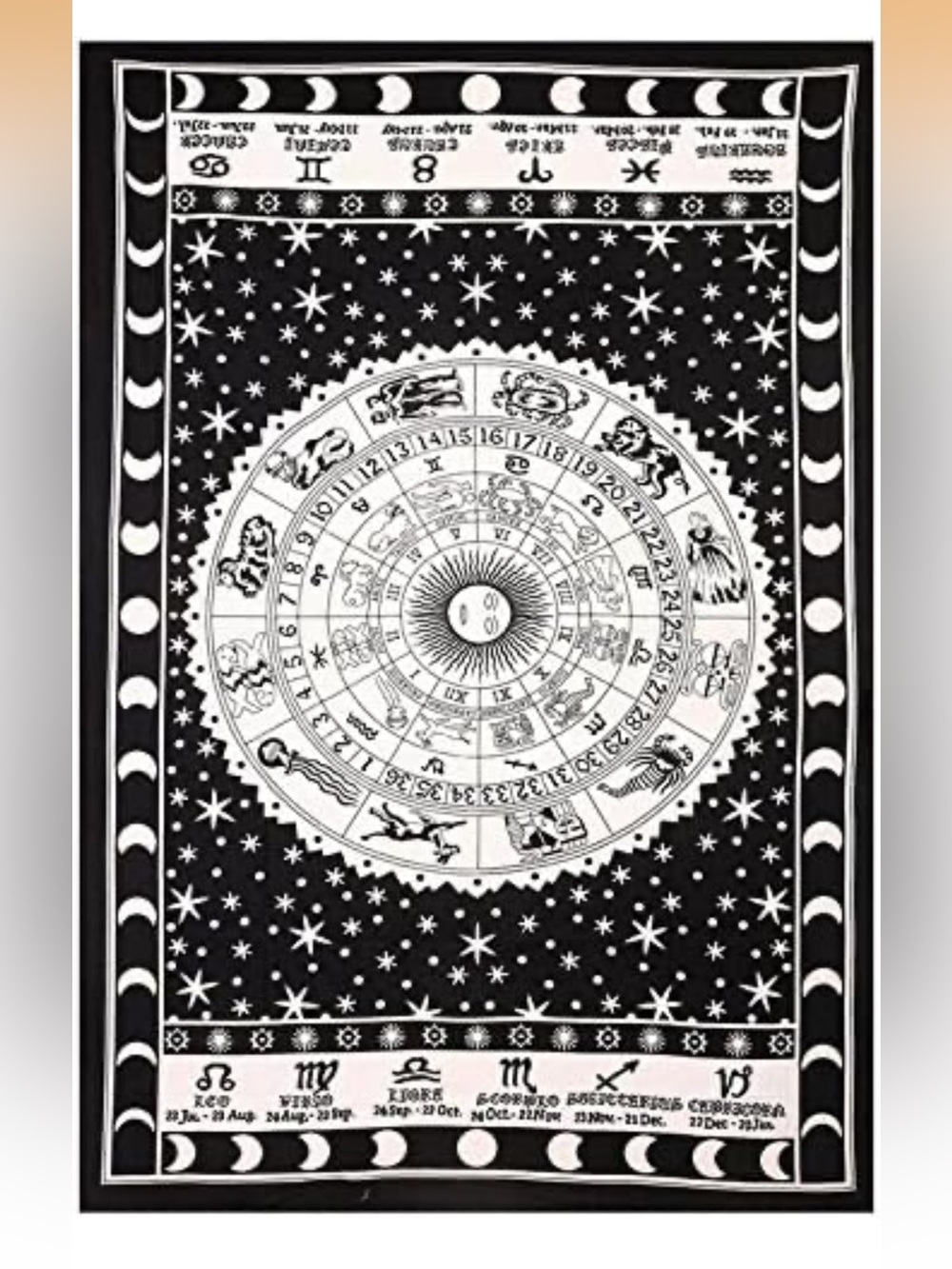 Black and White Zodiac Wheel Wall Tapestry With Stars